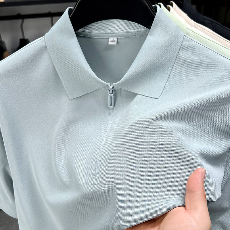 Thumbnail: Men's Half-Zip Polo Shirt Light Beige Breathable Casual Slim Fit Stretch Cotton 