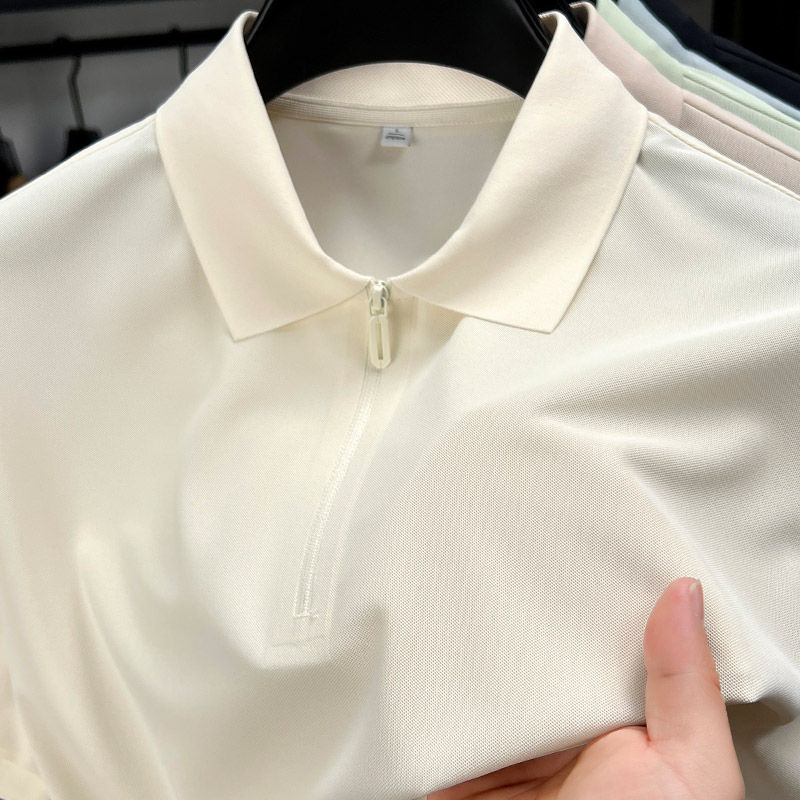 Thumbnail: Men's Half-Zip Polo Shirt Light Beige Breathable Casual Slim Fit Stretch Cotton 