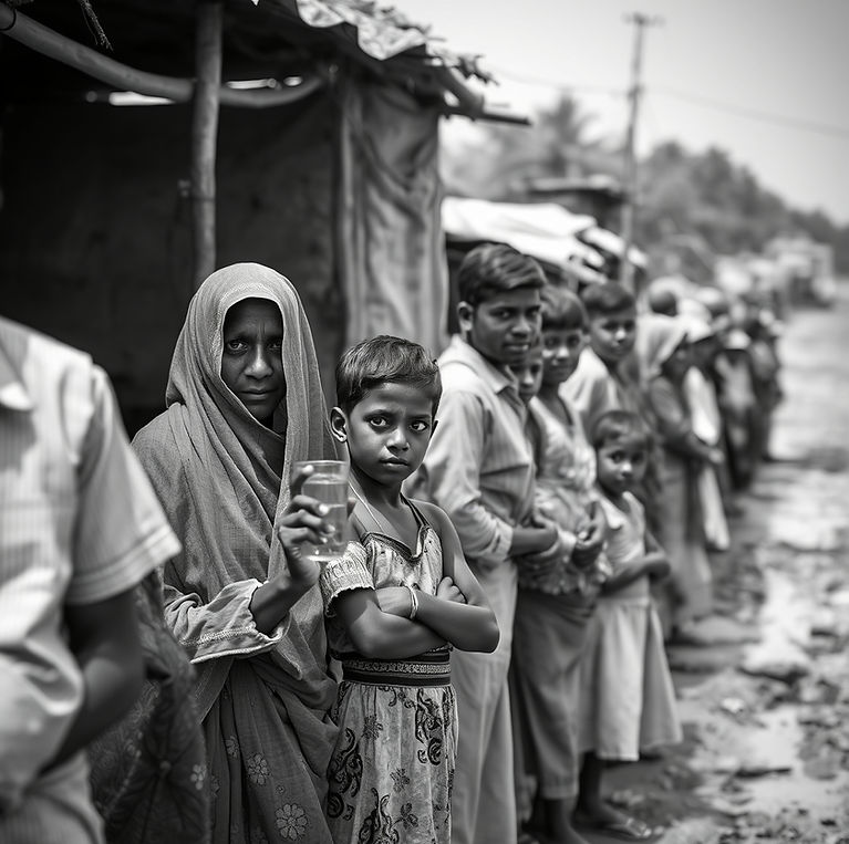 Poor people of India black and white relate to water scarcity need more people and kids st