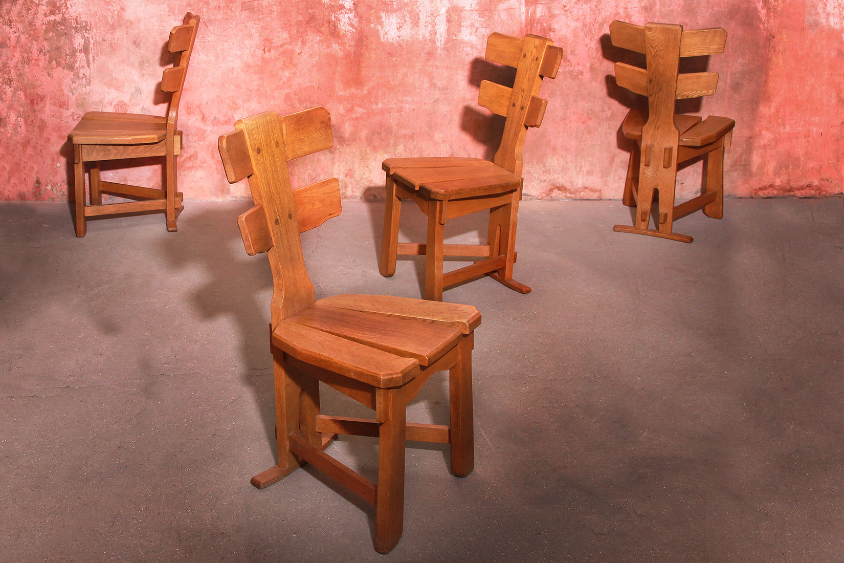Set Of Four Vintage Brutalist Oak Dining Chairs, 60s