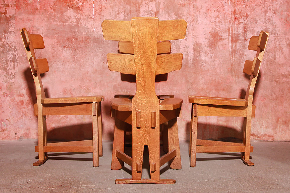 Thumbnail: Set Of Four Vintage Brutalist Oak Dining Chairs, 60s