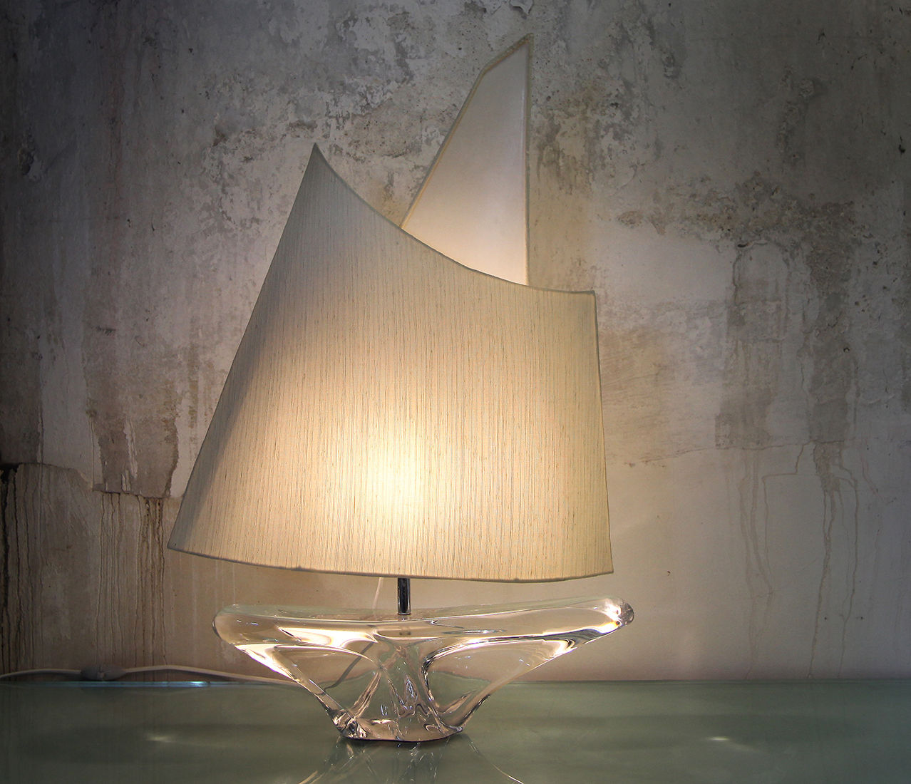 Daum France, Crystal Sail Boat Table Lamp, Daum Glass, Daum Table lamp, NardoDaVintage, Vintage Furniture, Mid Century Lamp
