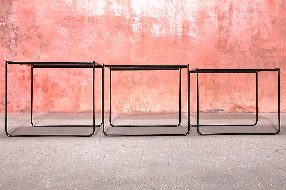 Thumbnail: Vintage Set Of Three Black Perforated Metal Nesting Tables, 70/80s