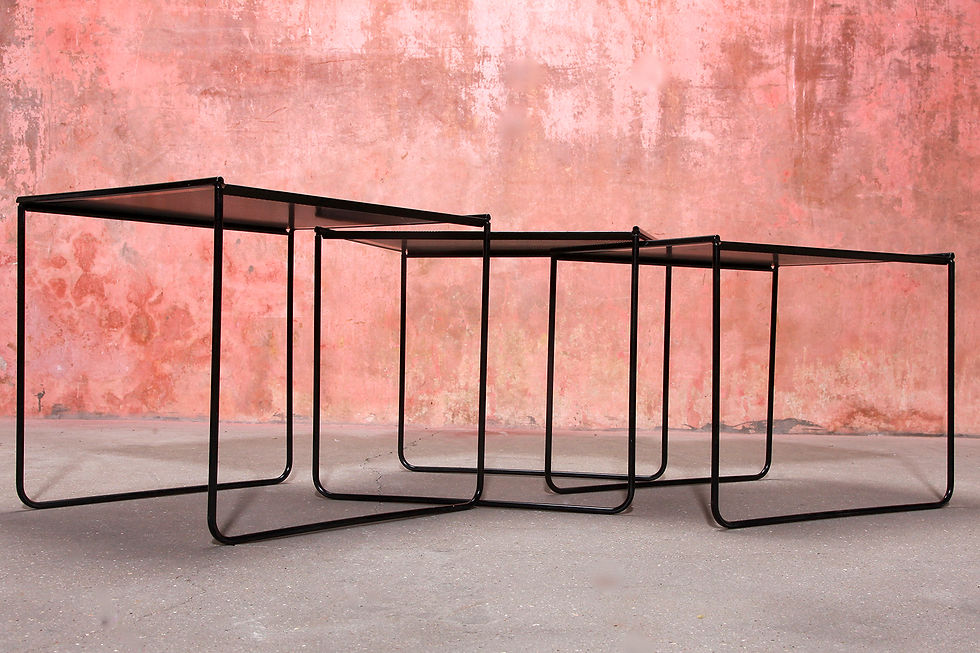 Thumbnail: Vintage Set Of Three Black Perforated Metal Nesting Tables, 70/80s