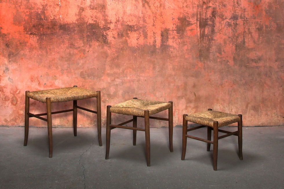 Thumbnail: Nesting Wooden Rattan Stools, Charlotte Perriand Style Stool, NardoDaVintage, Vintage Furniture, Mid Century Furniture