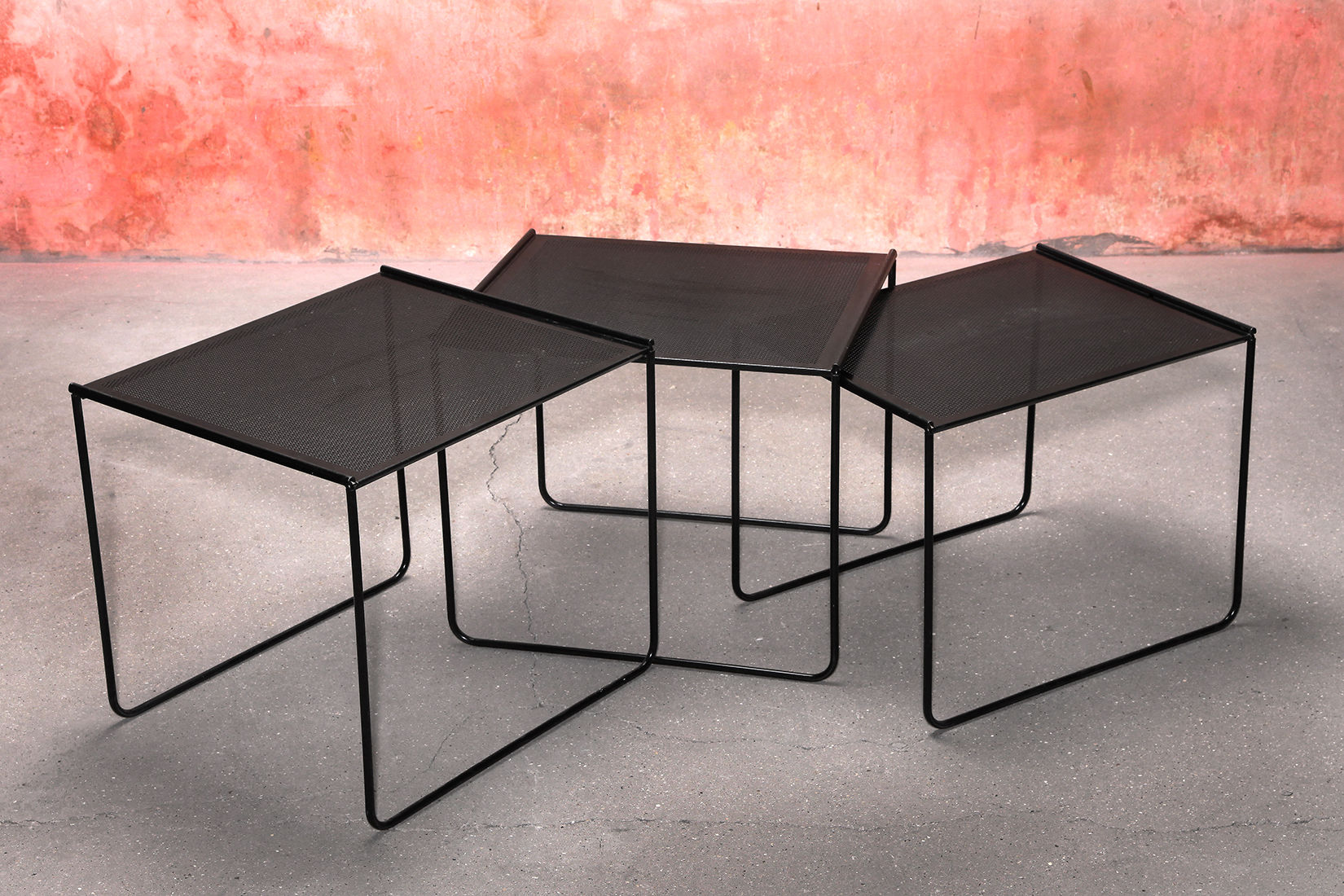 Vintage Set Of Three Black Perforated Metal Nesting Tables, 70/80s