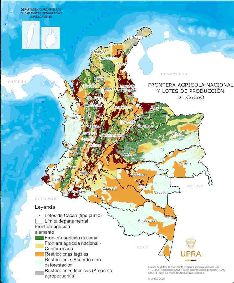 Mapa de Colombia marcado con las frontera agrícola nacional y lotes de producción de cacao