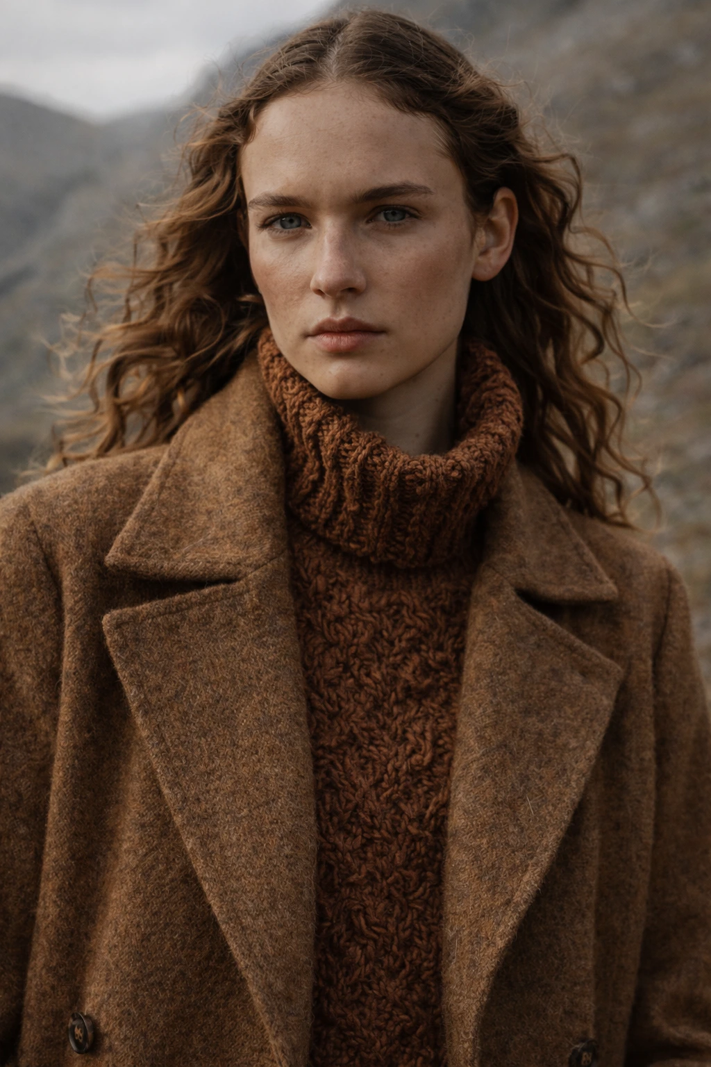 Mujer en el cambo llevando un jersey y un abrigo de color marrón