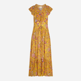 Fotografia de vestido largo estampado dorado sobre fondo neutro