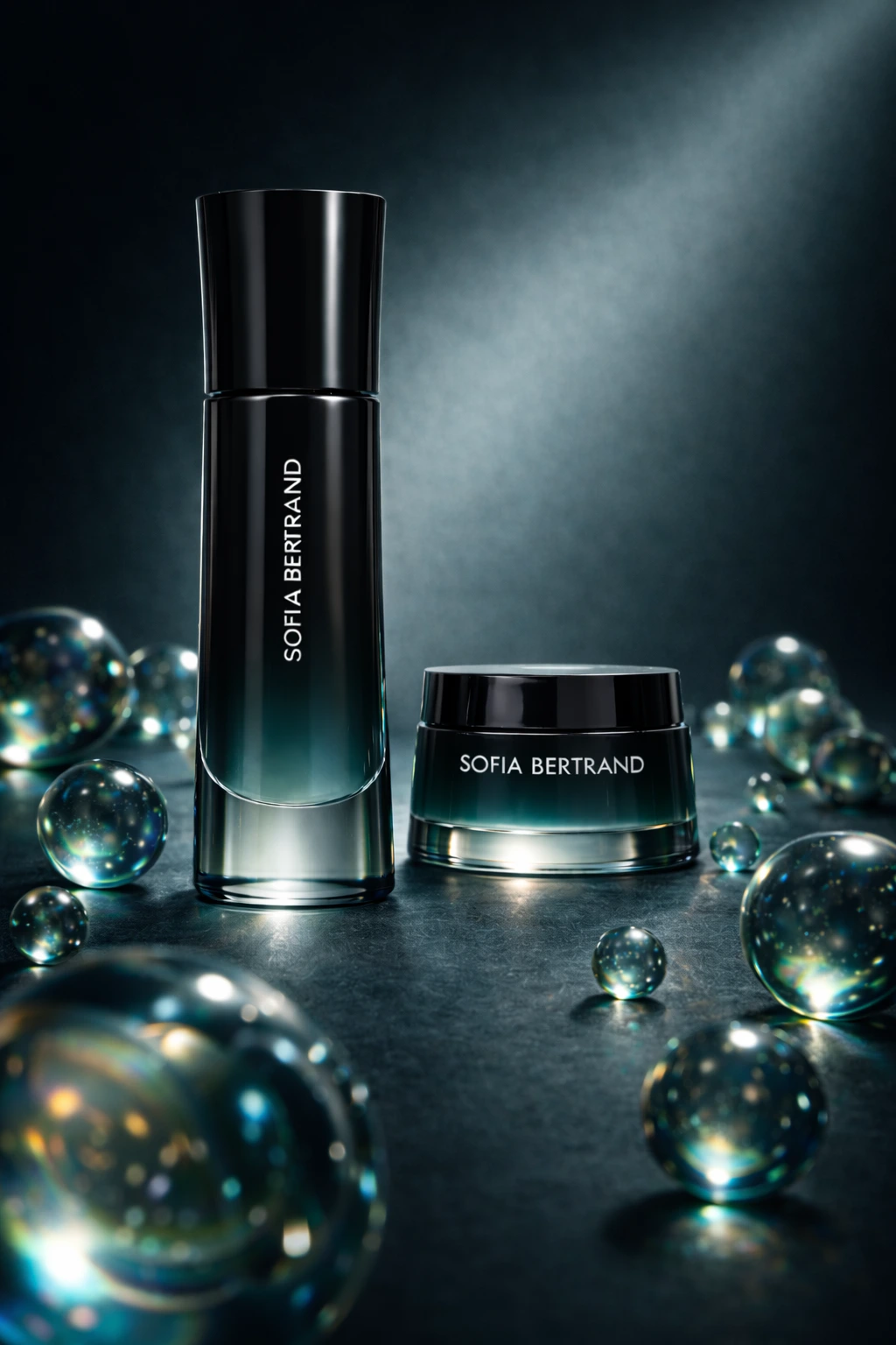 botes cosméticos oscuros con esferas transparentes sobre fondo oscuro