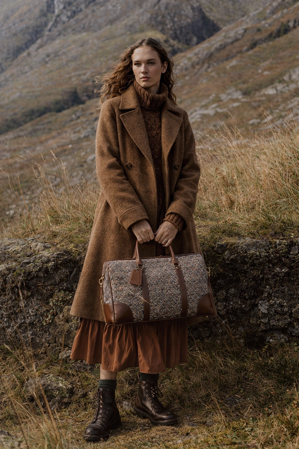 Mujer en el campo llevando un jersey, una falda, un abrigo y un bolso de color marrón