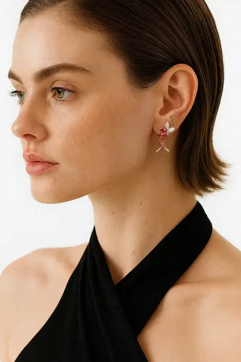 Fotografia de joyas con modelo creada por IA con integracion de pendiente