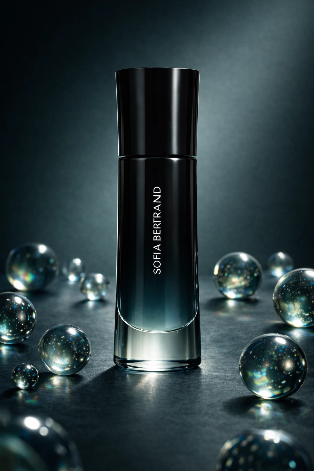 botes cosméticos oscuros con esferas transparentes sobre fondo oscuro