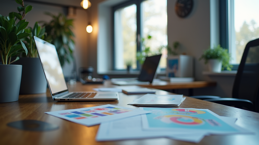 Eye-level view of a modern office workspace with digital marketing tools