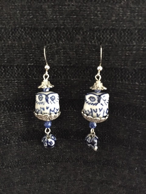Blue Delft Owl Earrings