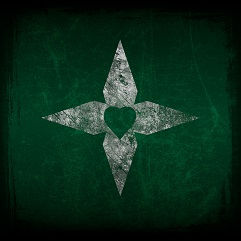 A heart encapsulated by a shuriken and set on a garden-green background.