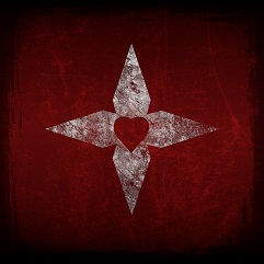 A heart encapsulated by a shuriken and set on a blood-red background.