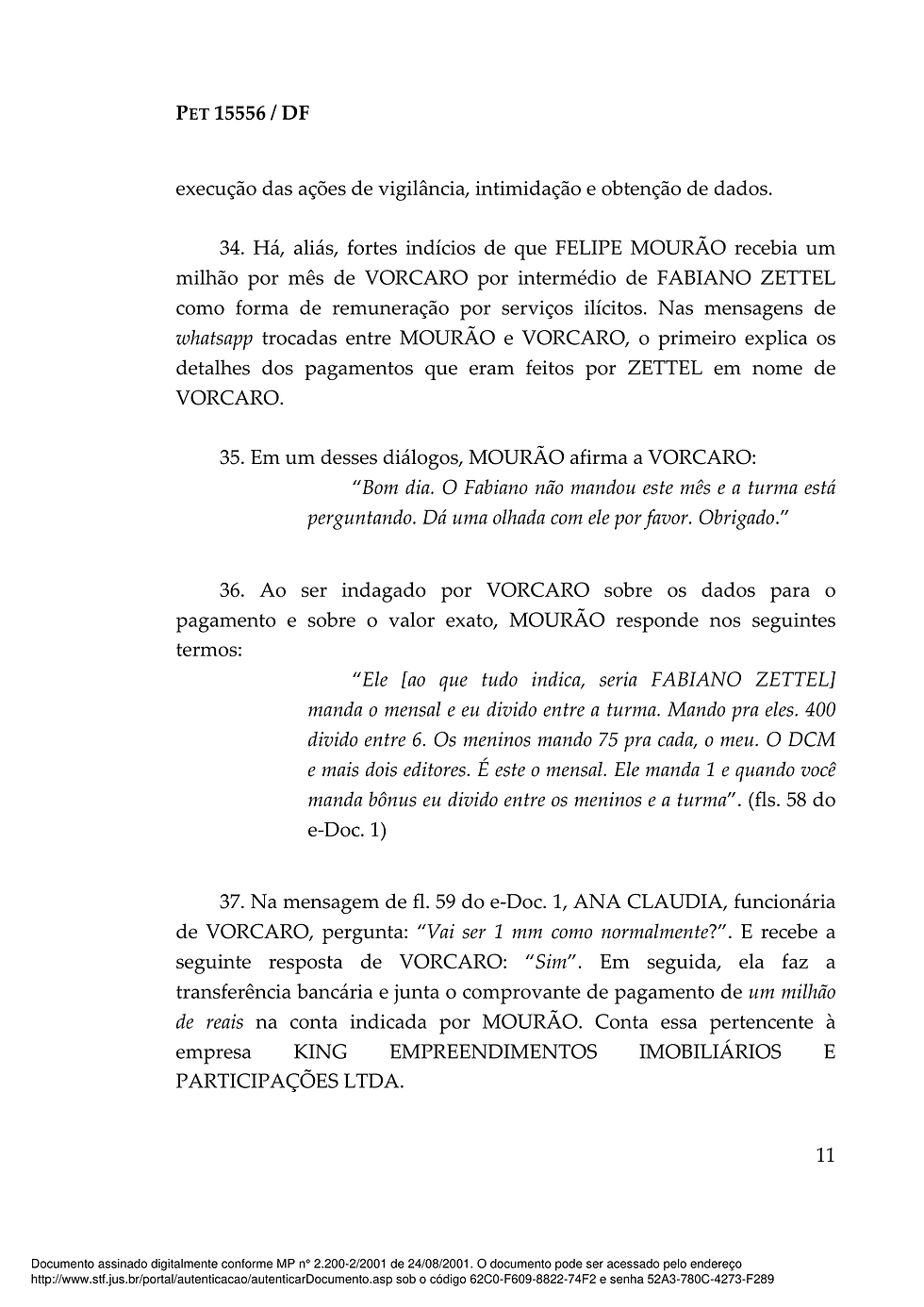 Página 11 dos Documentos liberados pelo STF sobre o Caso Master | Foto: Reprodução