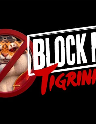 Tigre em sinal de bloqueio vermelho sobre fundo preto, com texto BLOCK NO Tigrinho em branco e vermelho.