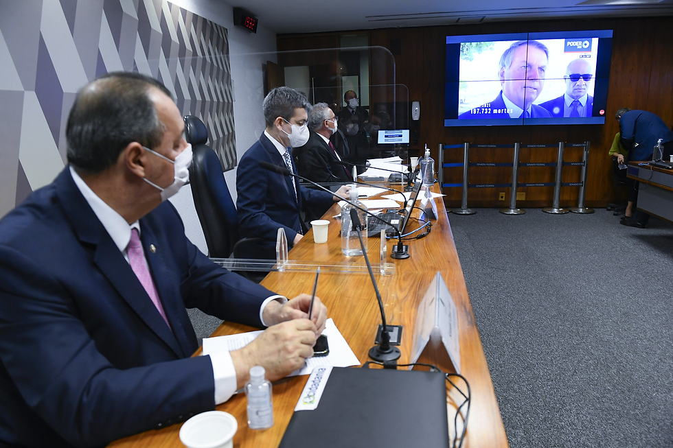 Presidente da CPI, senador Omar Aziz (PSD-AM); vice-presidente da CPI, senador Randolfe Rodrigues (Rede-AP); relator da CPI, senador Renan Calheiros (MDB-AL)