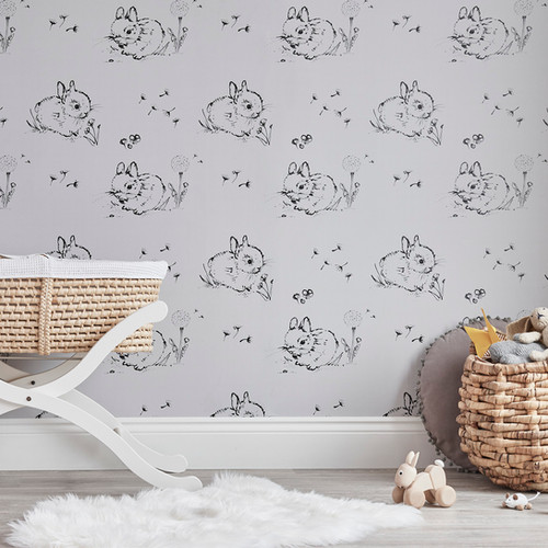 Little Bunny Wallpaper in Grey | Luxury Nursery Decor