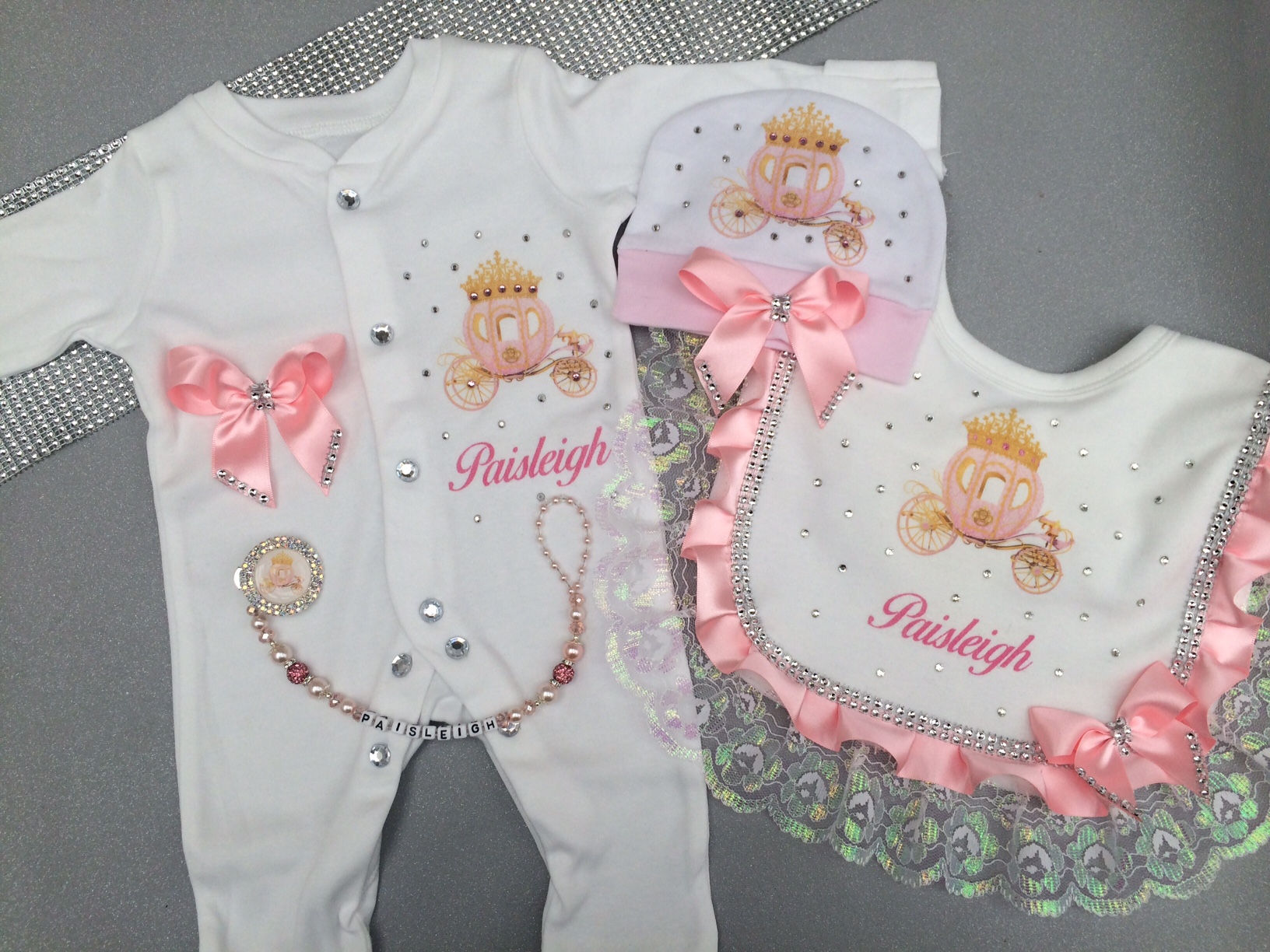 Baby Girl's Frilly Bling Personalised Hospital Set with Princess Carriage