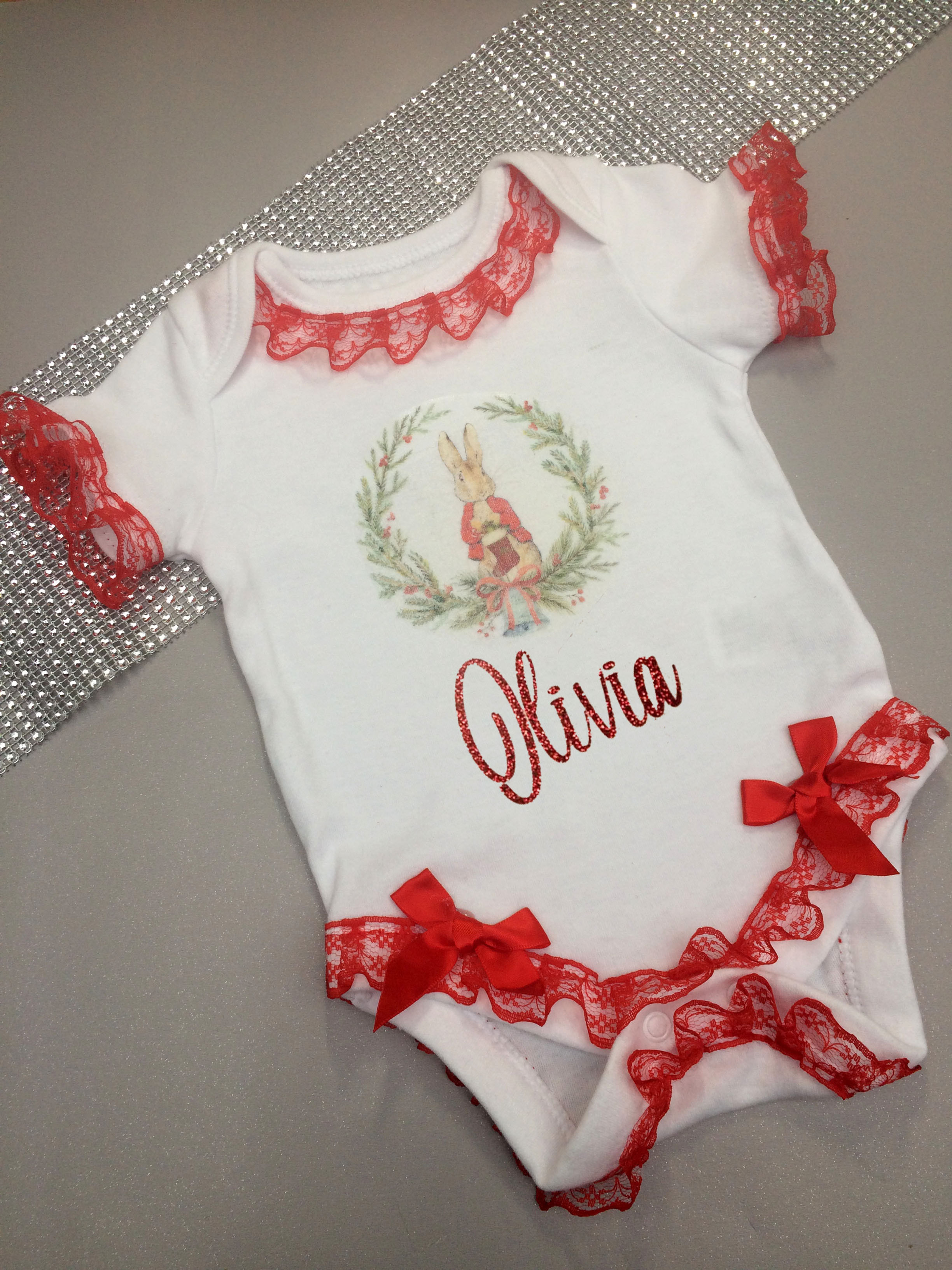 Baby's Personalised Christmas Peter Rabbit Frilly Vest