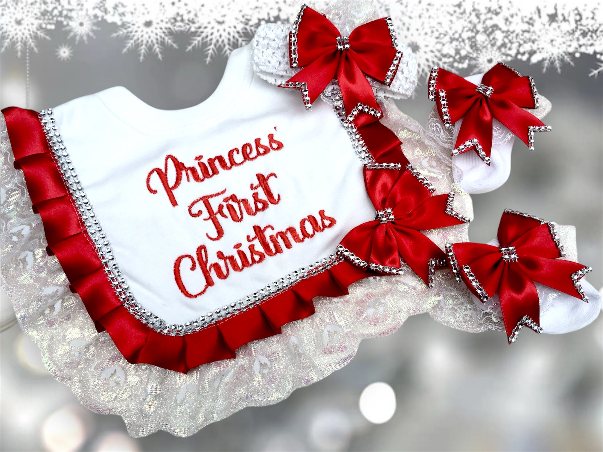Baby Girl’s Personalised First Christmas Frilly Bib, Socks and Headband Set