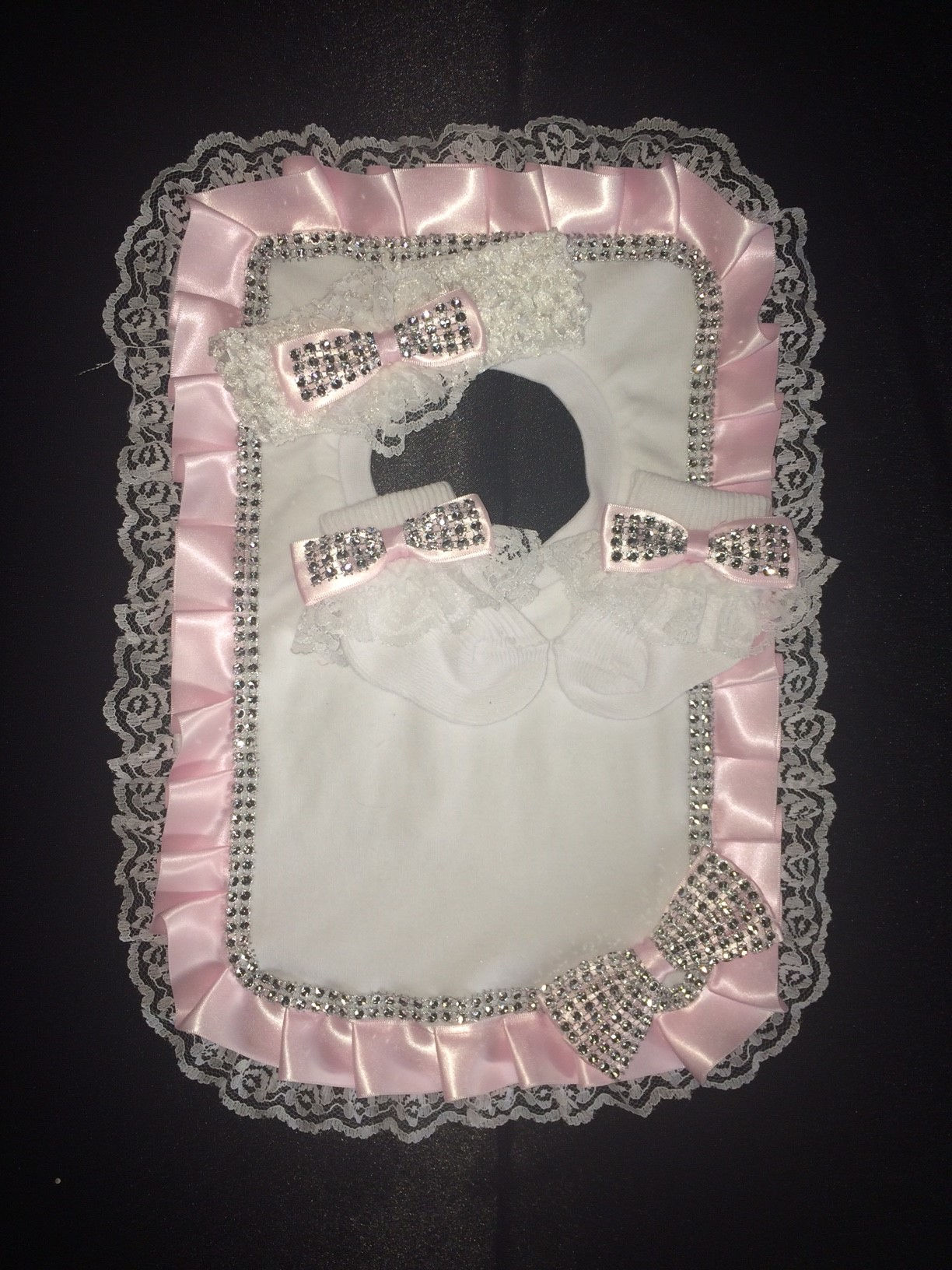Baby Girl's Frilly Pink Diamante Bling, Bib, Socks & Headband Set