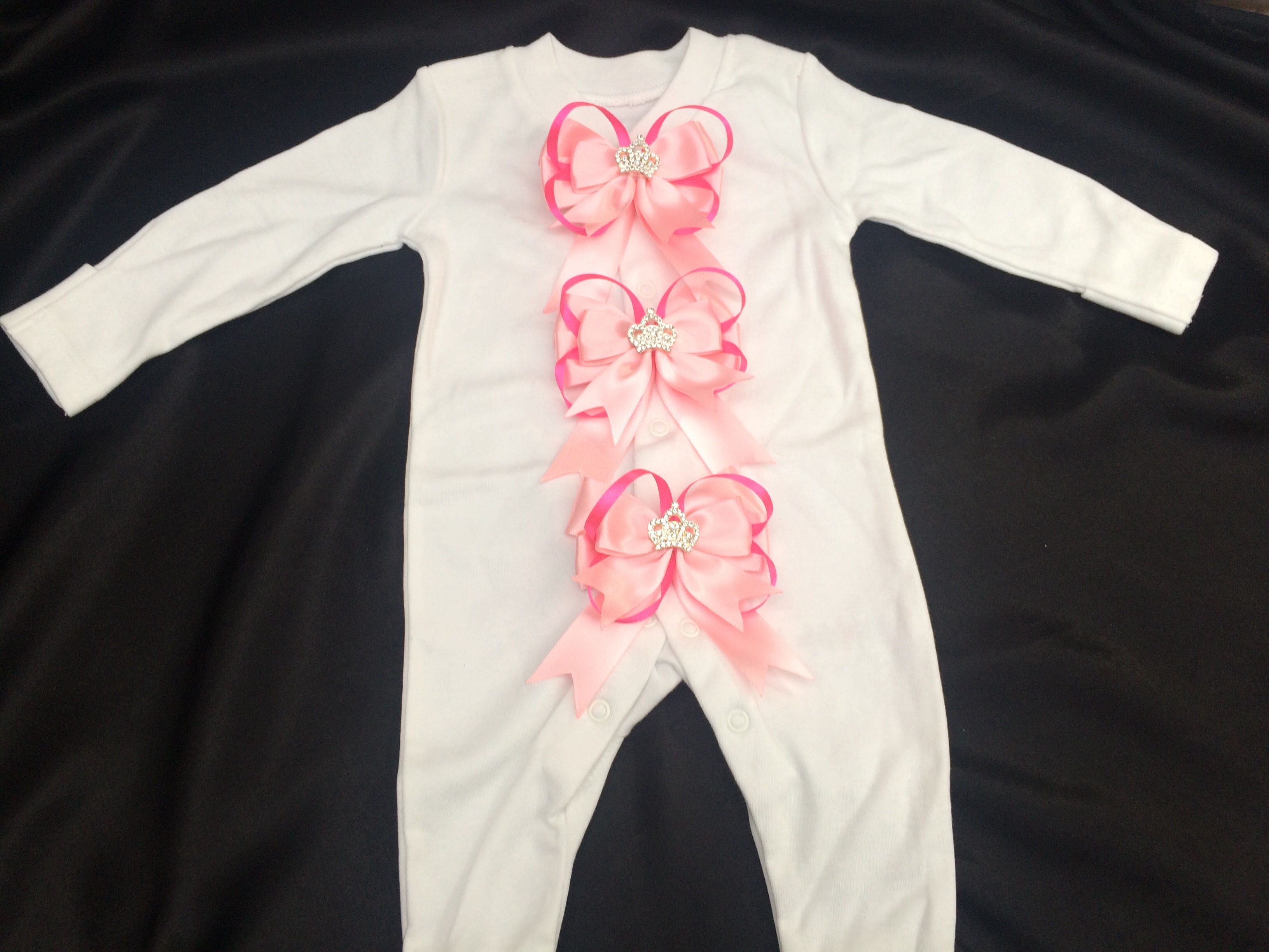 Baby Girls Frilly Big Bows Sleepsuit with Rhinestone Crowns