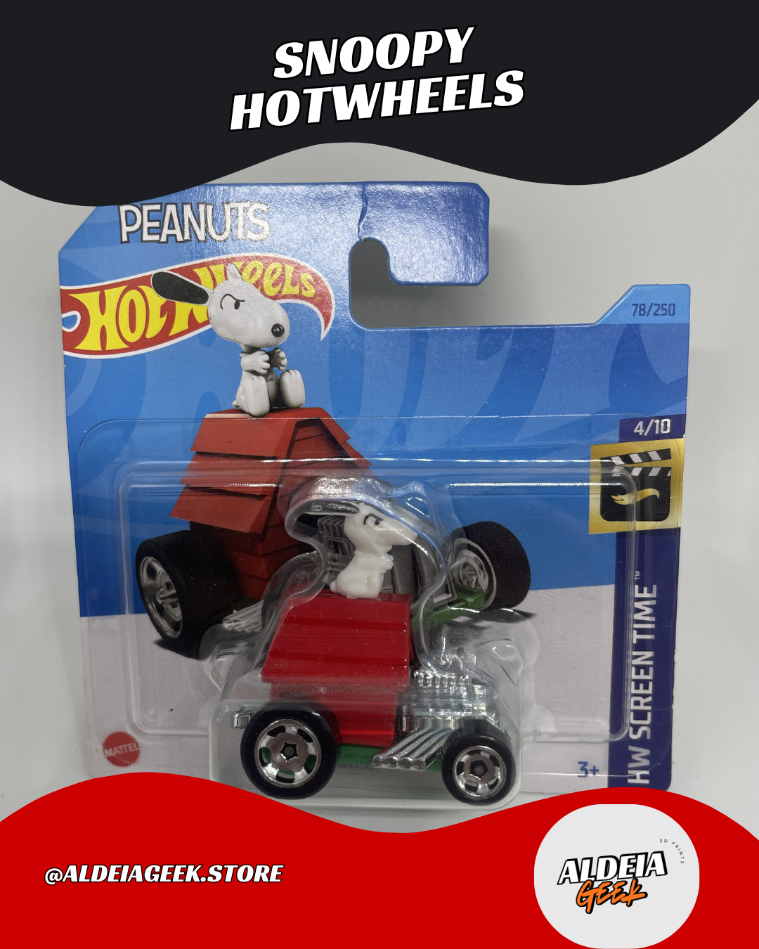 Carro Hot Wheels Snoopy Woodstock "SNOOPY HOTWHEELS" "PEANUTS" na embalagem.