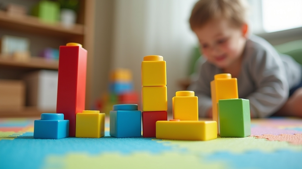Eye-level view of colorful building blocks arranged on a play mat