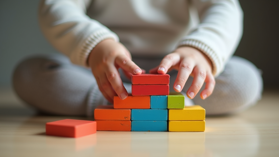 Close-up view of toddler’s hands stacking colorful wooden blocks