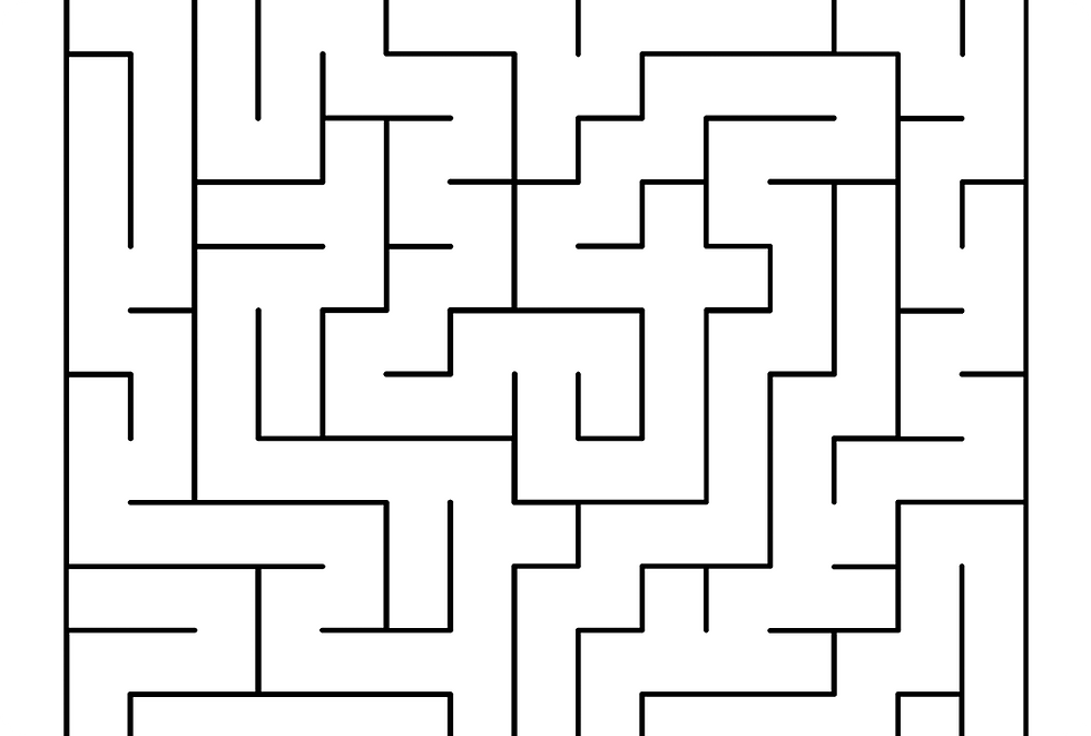 Maze activity with a small flying character at the start and a cat at the end, inviting the viewer to find a path between them.