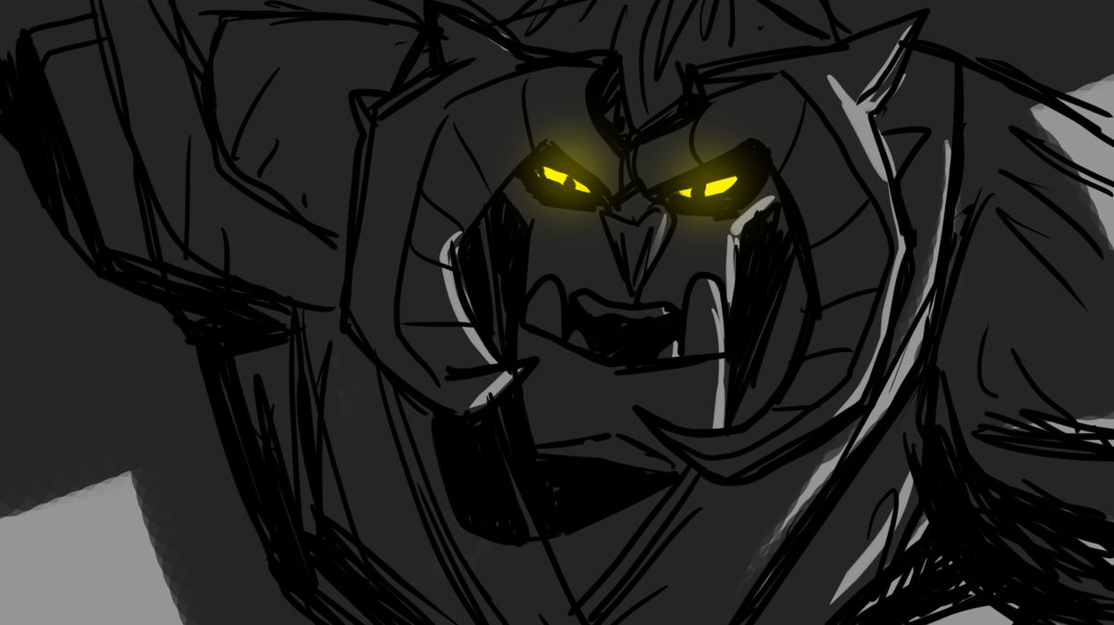 close up line drawing of a huge horned beast with yellow flowing eyes