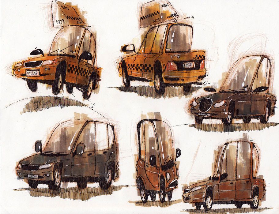 various taxi cabs, hand drawn at different angles