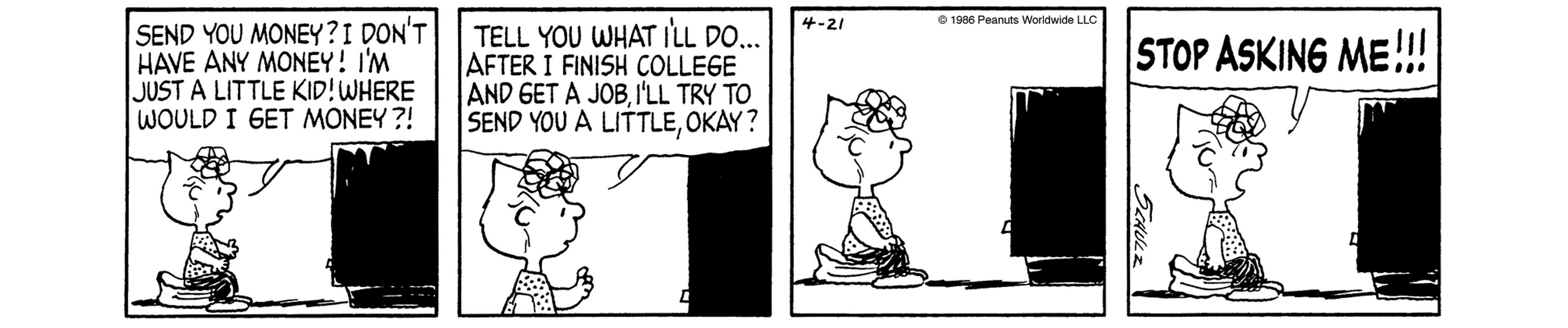 A black and white comic strip of a girl sitting in front of a big television.