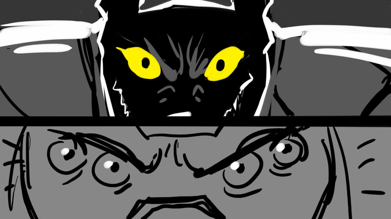 two line drawings stacked. the top is a yellow-eyed cat head with broad shoulder pad armor. the bottom is a four eyed alien looking angry.