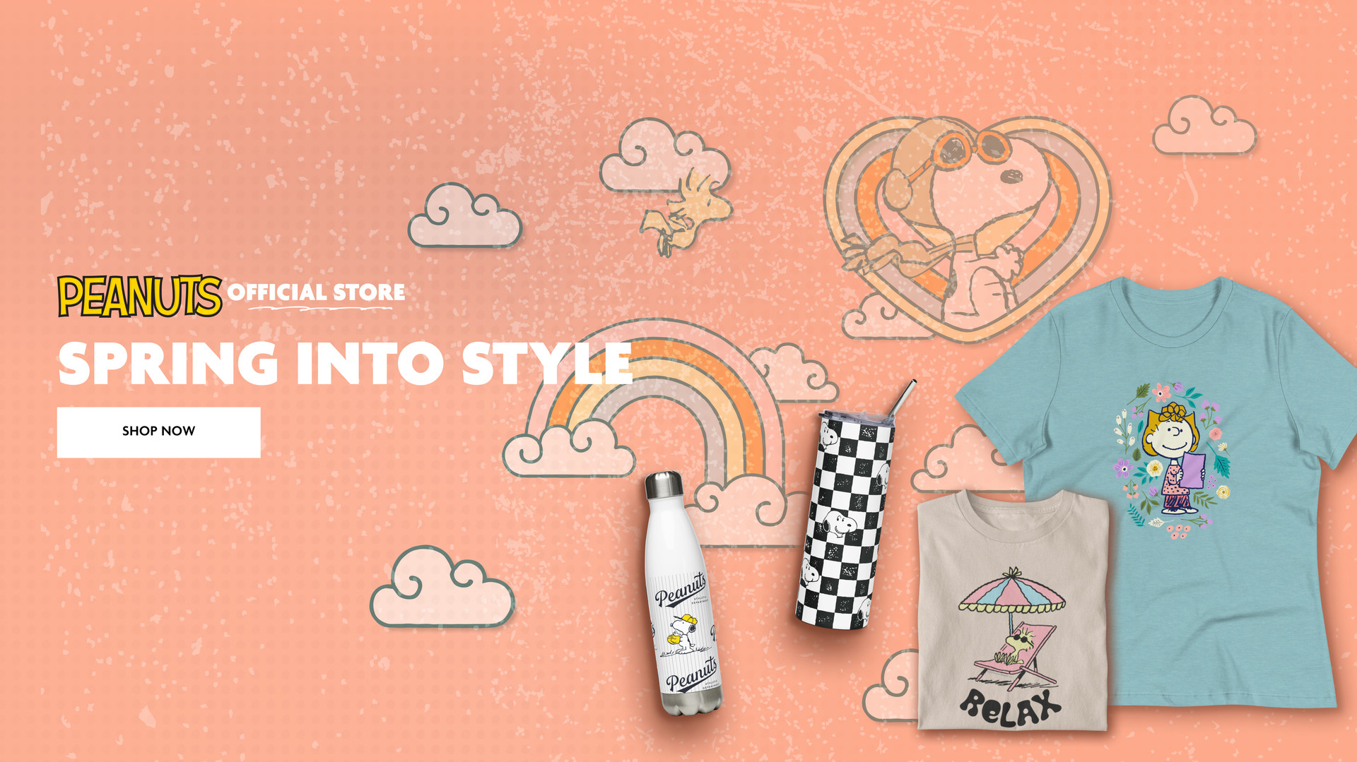 "Peanuts official store Spring Into Style" text with water bottles and tshirts