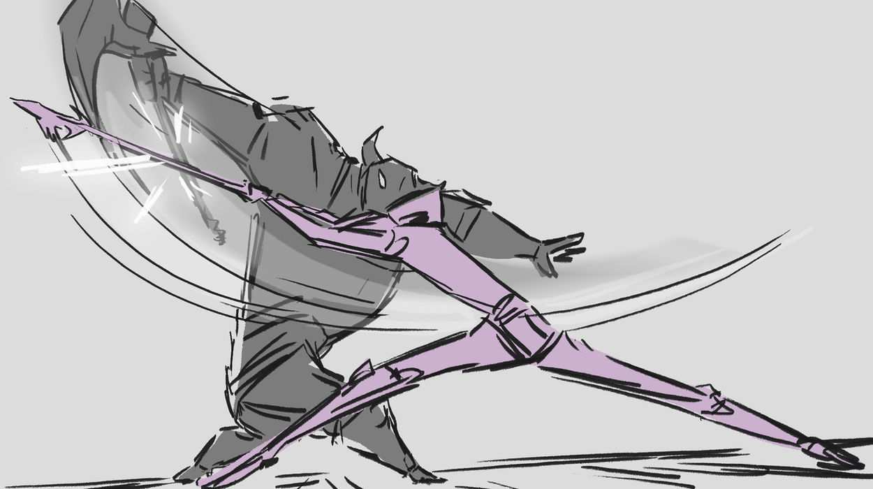 line drawing of two figures in battle. one is a giant horned beast, the other is small and attacks with a sword