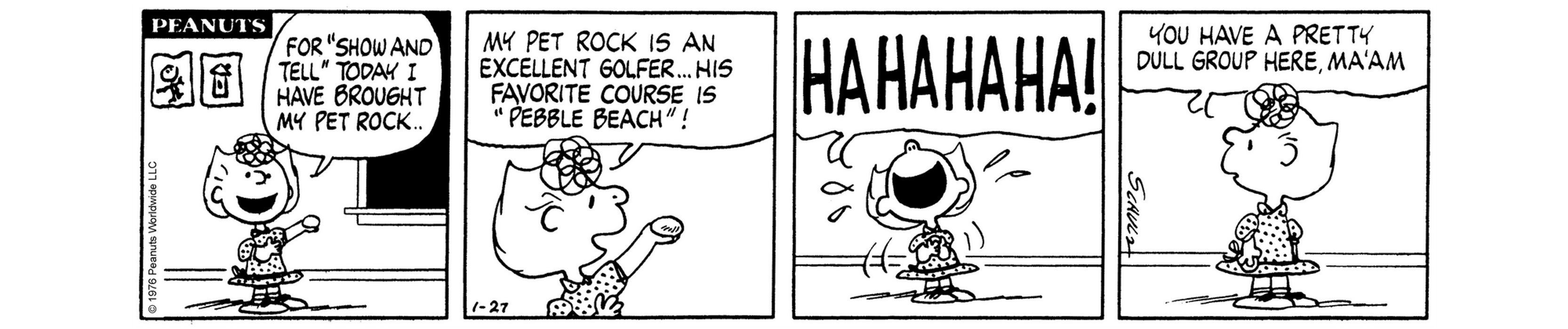 A black and white comic strip of a girl holding a rock in her hand and a girl laughing.