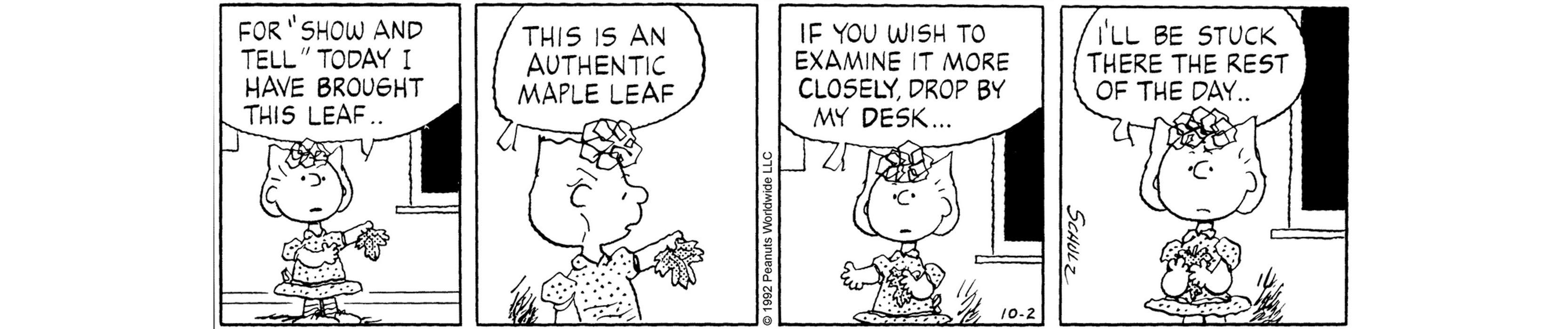 A black and white comic strip of a girl holding a maple leaf in her hand.