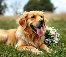 large real dog lying next to a bridal b