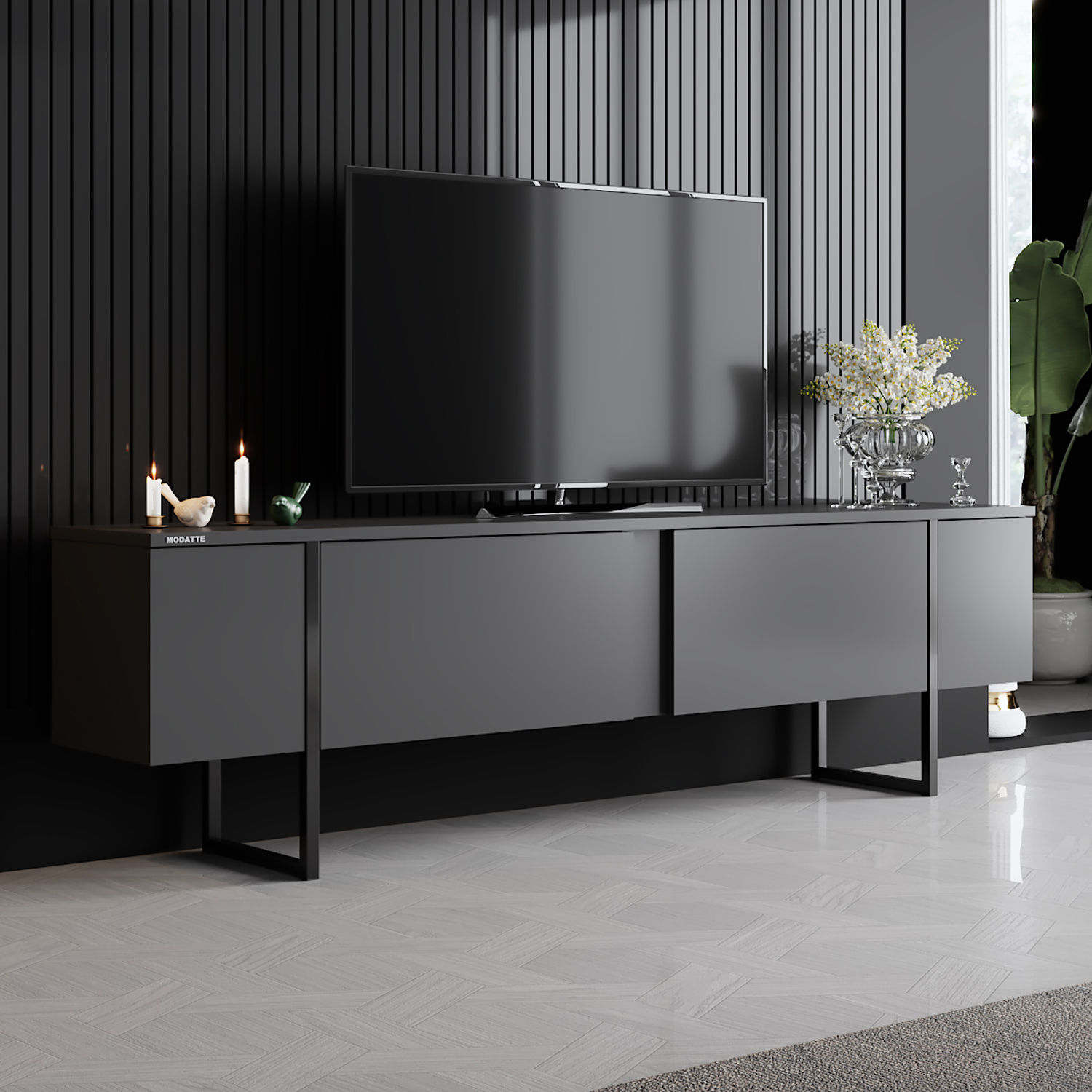 Modatte Luxe Siyah Demir Ayaklı Tv Sehpası Tv Ünitesi