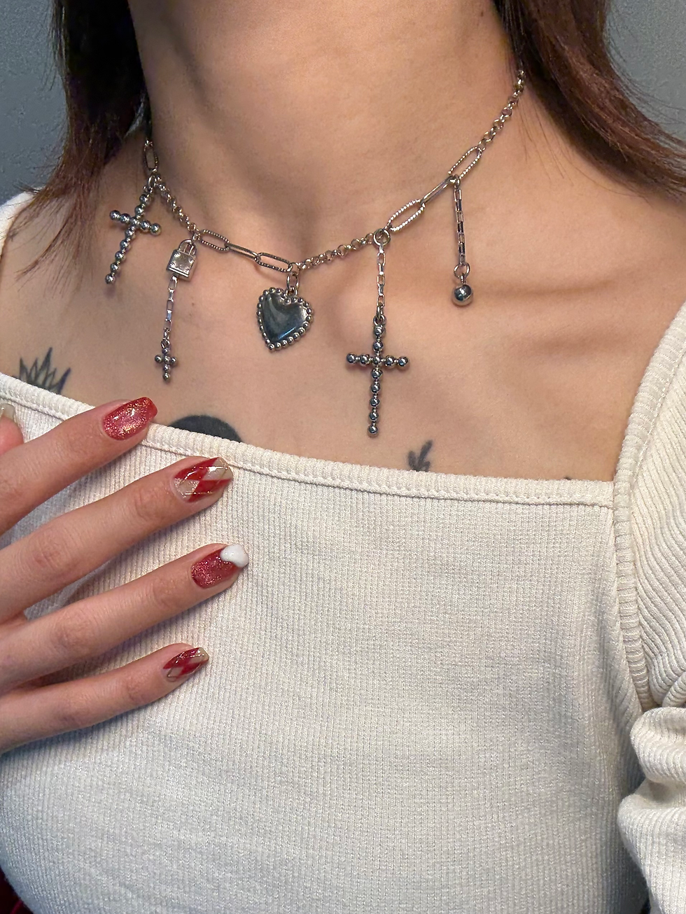 サムネイル： ステンレス　十字架とハートのジャラジャラチョーカー