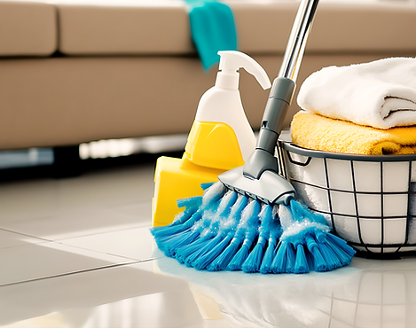 Home cleaning supplies: mop, spray bottle, towels