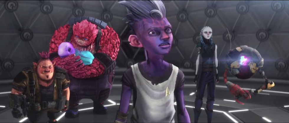 Alien crew stands in a futuristic chamber, led by a purple-skinned teen; a glowing robot hovers nearby, tense and alert.