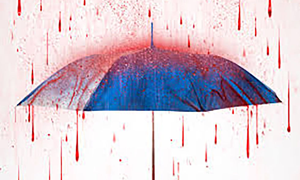 Blue umbrella surrounded by falling drops of blood in a stark horror illustration.