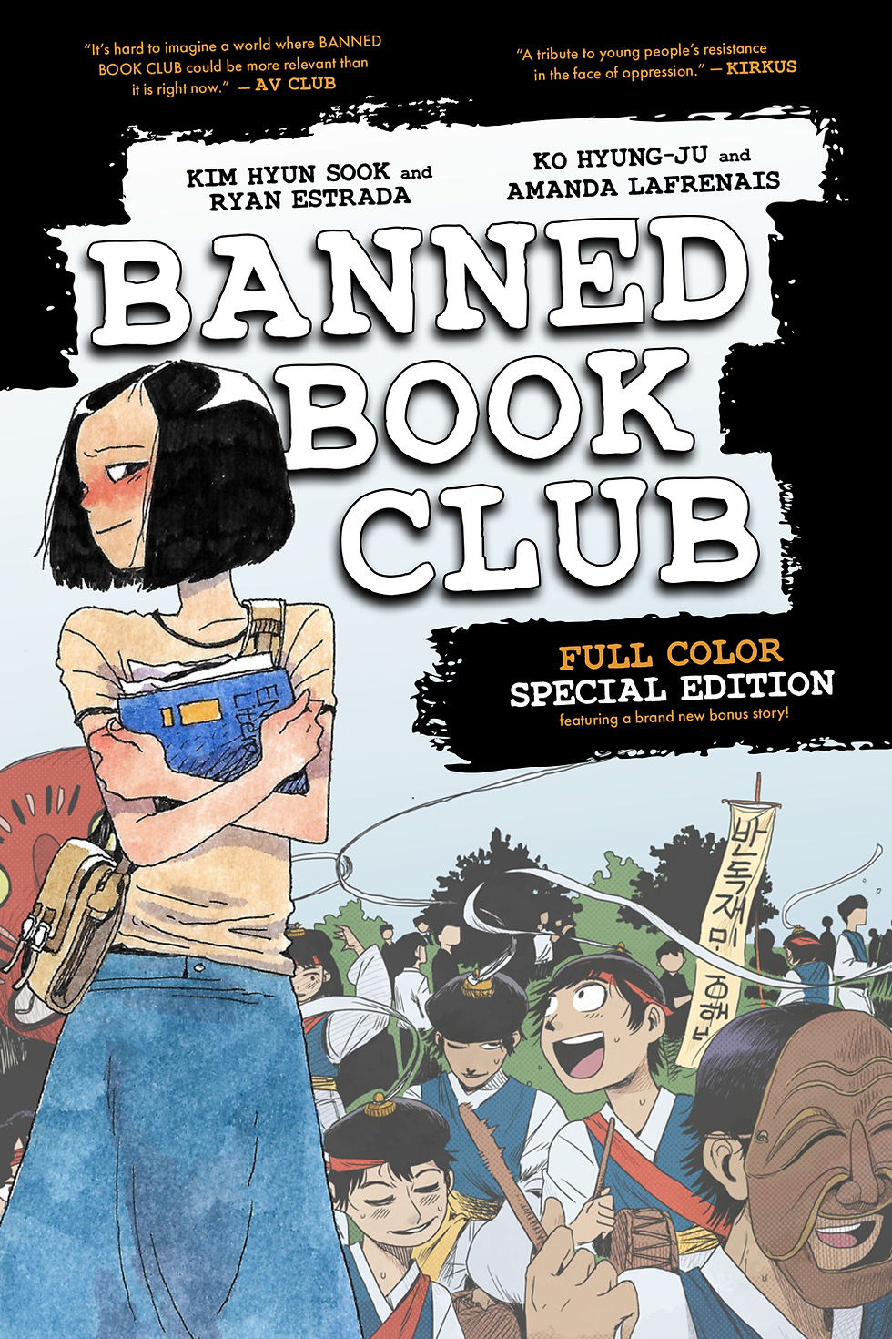 Book cover for Banned Book Club, with a girl clutching books and a crowd of protesters in the background.