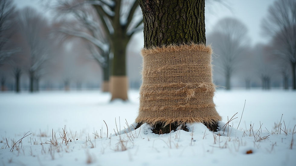 Eye-level view of a well-maintained tree with protective burlap wrap in winter